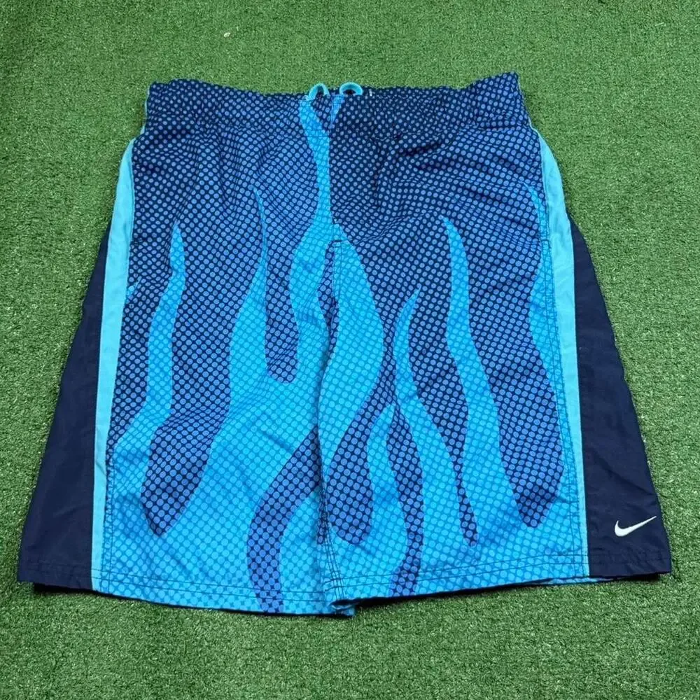 Nike Board Shorts Mens 30 Blue Flame Pattern Y2K 2000s Swim Trunks Athletic